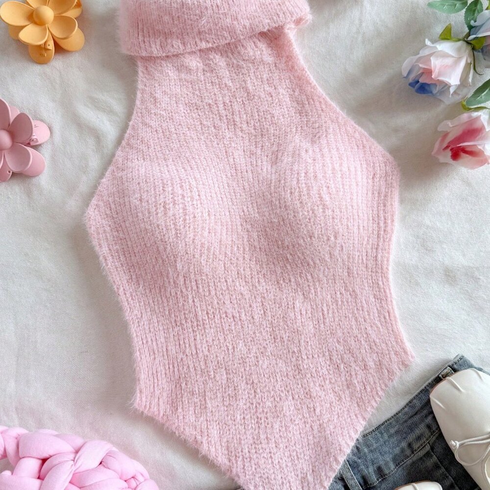 Casual Pink Women's High Neck Asymmetrical Hem Sleeveless Vest